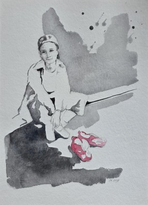 Aquarell eines Jungen in kubistischen Grauentönen mit einem Paar roter Schuhe